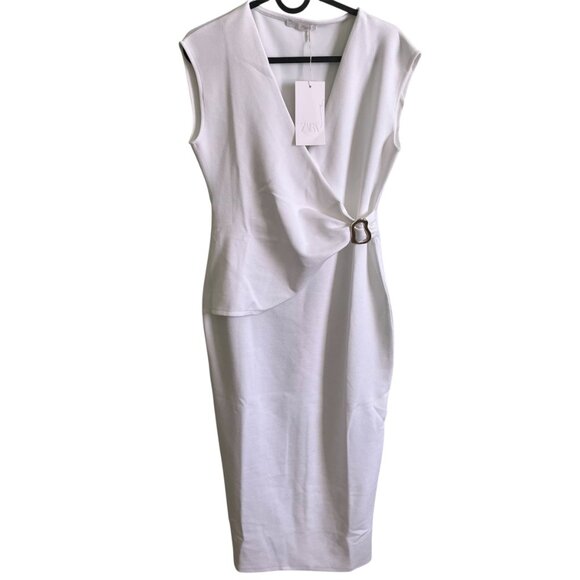 Zara Twill Wrap Dress M Oyster White Sleeveless V‑Neck Buckle Ruched NWT - Picture 6 of 13